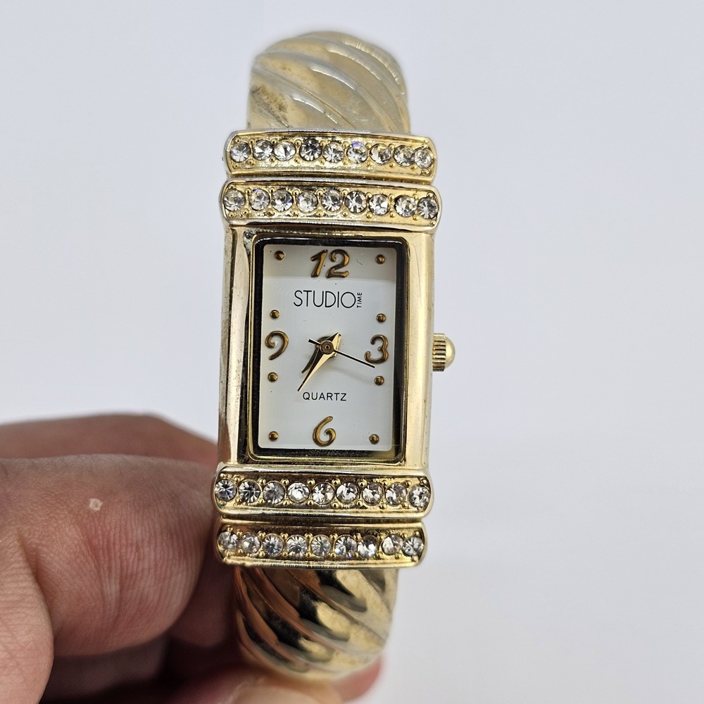 Studio Cuff Watch Women 19MM White Dial Gold Bracelet Bands 5.5" NEW Battery
